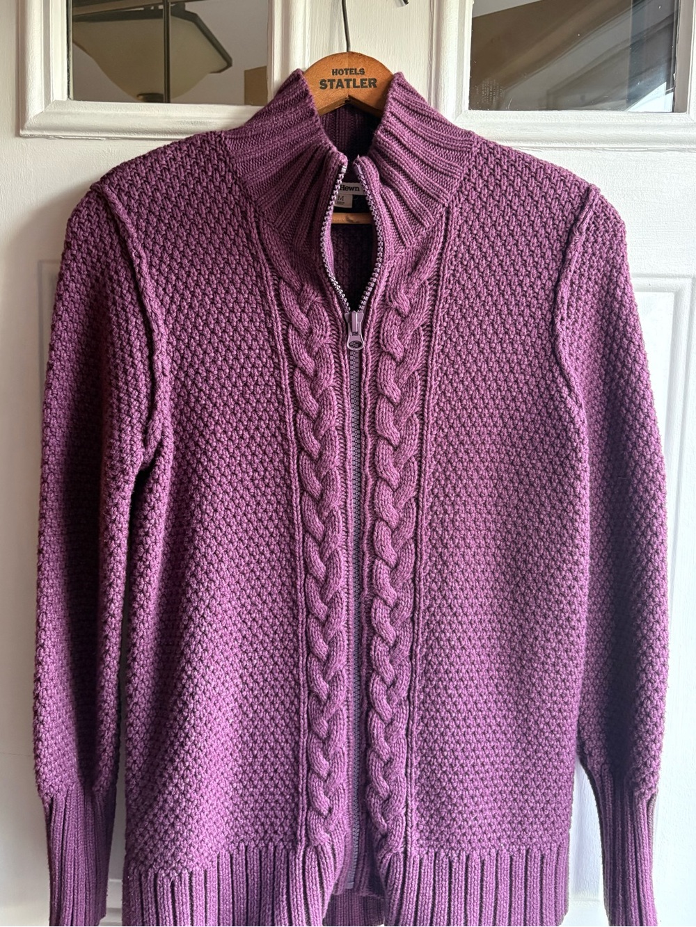 Ruff Hewn Women’s M Purple Cable Knit Mock Neck Cotton Blend Cardigan Sweater